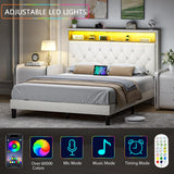 HOMBCK Full Size Bed Frame with LED Lights, Velvet Upholstered Bed with Charging Station and Storage Headboard, Modern Bed Frame with Diamond Design, No Box Spring Needed, Easy Assembly, White HOMBCK