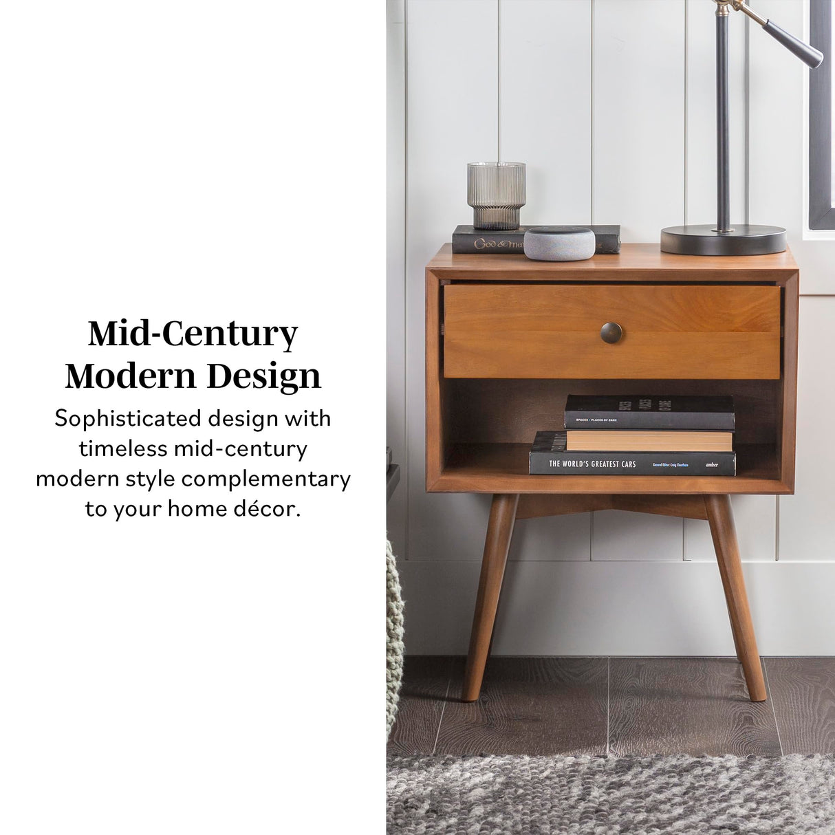 Walker Edison Mid Century Modern Wood Nightstand Side Table Bedroom Storage Drawer and Shelf Bedside End Table, 1 Drawer, Caramel Walker Edison