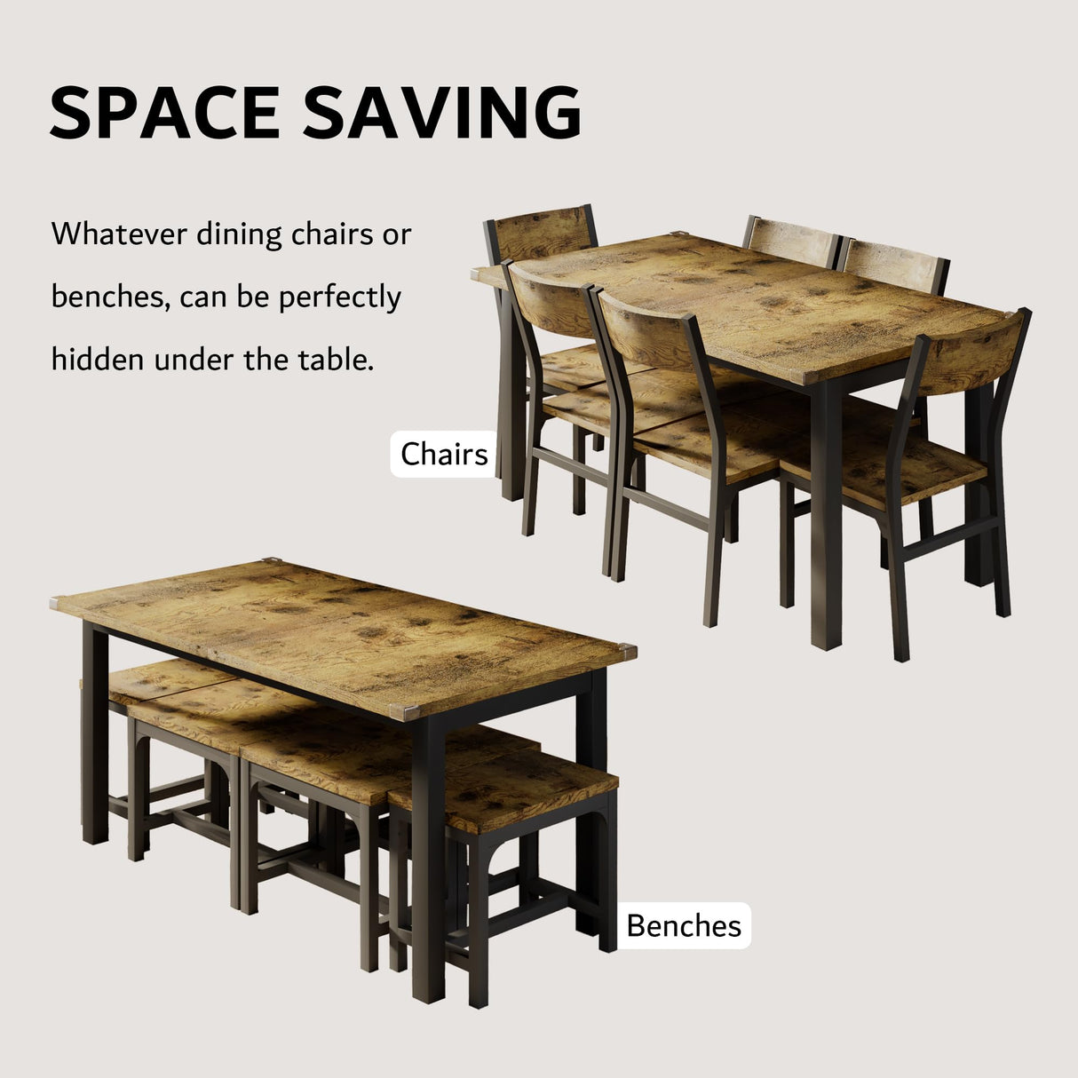 iPormis 63" Extendable Kitchen Table for 4-8, Square Wooden Dining Table with Metal Base, Mid-Century Dinner Table for Small Space, Easy Assembly, Rustic Brown iPormis