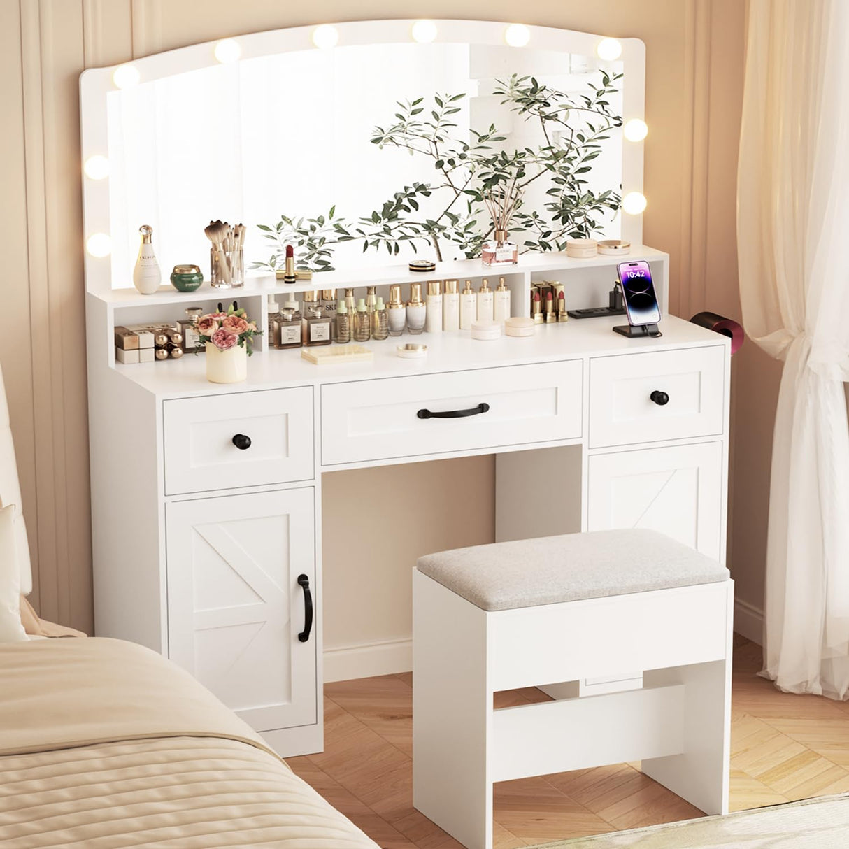 ERLEJIA Farmhouse Vanity Desk with Mirror and Lights&Stool and Power Outlet, 43.3" Large 3 LED Lights Modes Makeup Vanity Table with 7 Drawers, 2 Cabinets& Large Mirror,Bedroom Vanity Desk White ERLEJIA