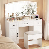 ERLEJIA Farmhouse Vanity Desk with Mirror and Lights&Stool and Power Outlet, 43.3" Large 3 LED Lights Modes Makeup Vanity Table with 7 Drawers, 2 Cabinets& Large Mirror,Bedroom Vanity Desk White ERLEJIA