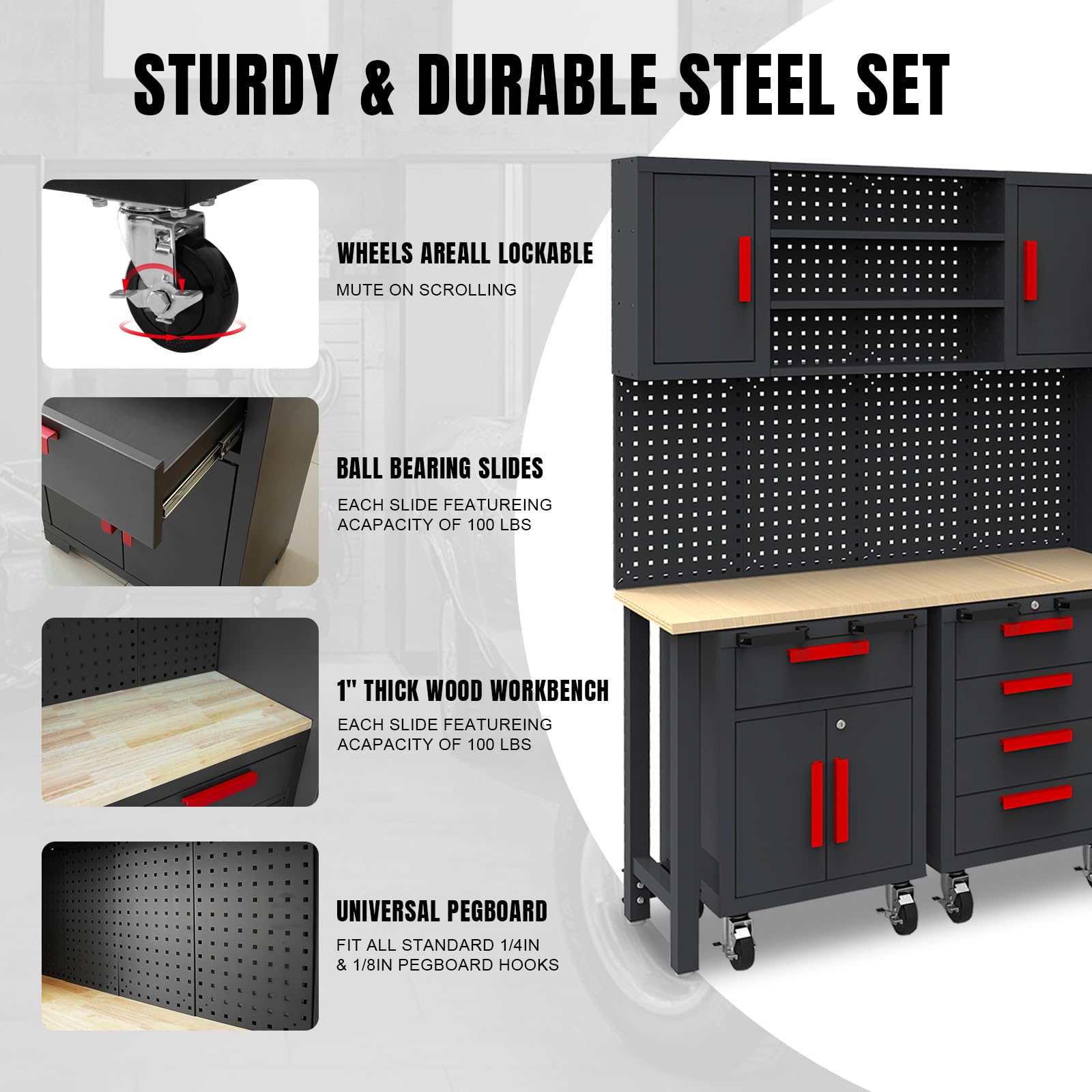 Torin 6 Piece Garage Cabinets Storage System: Includes Steel Cabinets, Drawers, Rolling Chest and Pegboard, Garage Workbench with Storage - Perfect for Organizing Garage and Tools, Black - WoodArtSupply