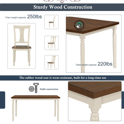 Merax 6 Pieces Dining Table Set with Bench, Kitchen Table Chairs Set, Wooden Rectangular Dining Table with 4 Chairs and Bench for Kitchen Room Dining Room (Brown+Cottage White)