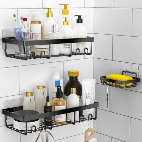 Moforoco 3-Pack Shower Caddy Basket Shelf with Soap Holder, No Drilling Traceless Adhesive Shower Wall Shelves, Rustproof Black Bathroom Shower Storage Organizer Moforoco