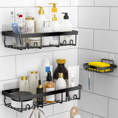 Moforoco 3-Pack Shower Caddy Basket Shelf with Soap Holder, No Drilling Traceless Adhesive Shower Wall Shelves, Rustproof Black Bathroom Shower Storage Organizer