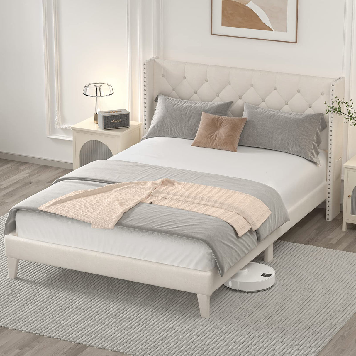 DOGIBIXO King Size Upholstered Bed Frame with LED Lights and Wingback Headboard, No Box Spring Required, Beige DOGIBIXO