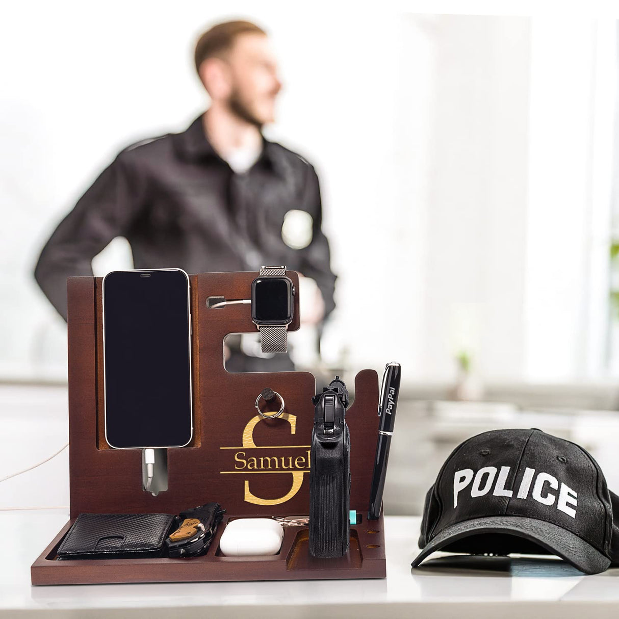 Police Officer Wood Docking Station, Nightstand Organizer for Men with Gun Holder, Pistol Rack, Phone Stand, iWatch Charging, Ring Holder, Pen Slot - Gifts for Police Officer, Husband, Boyfriend, Dad awofer