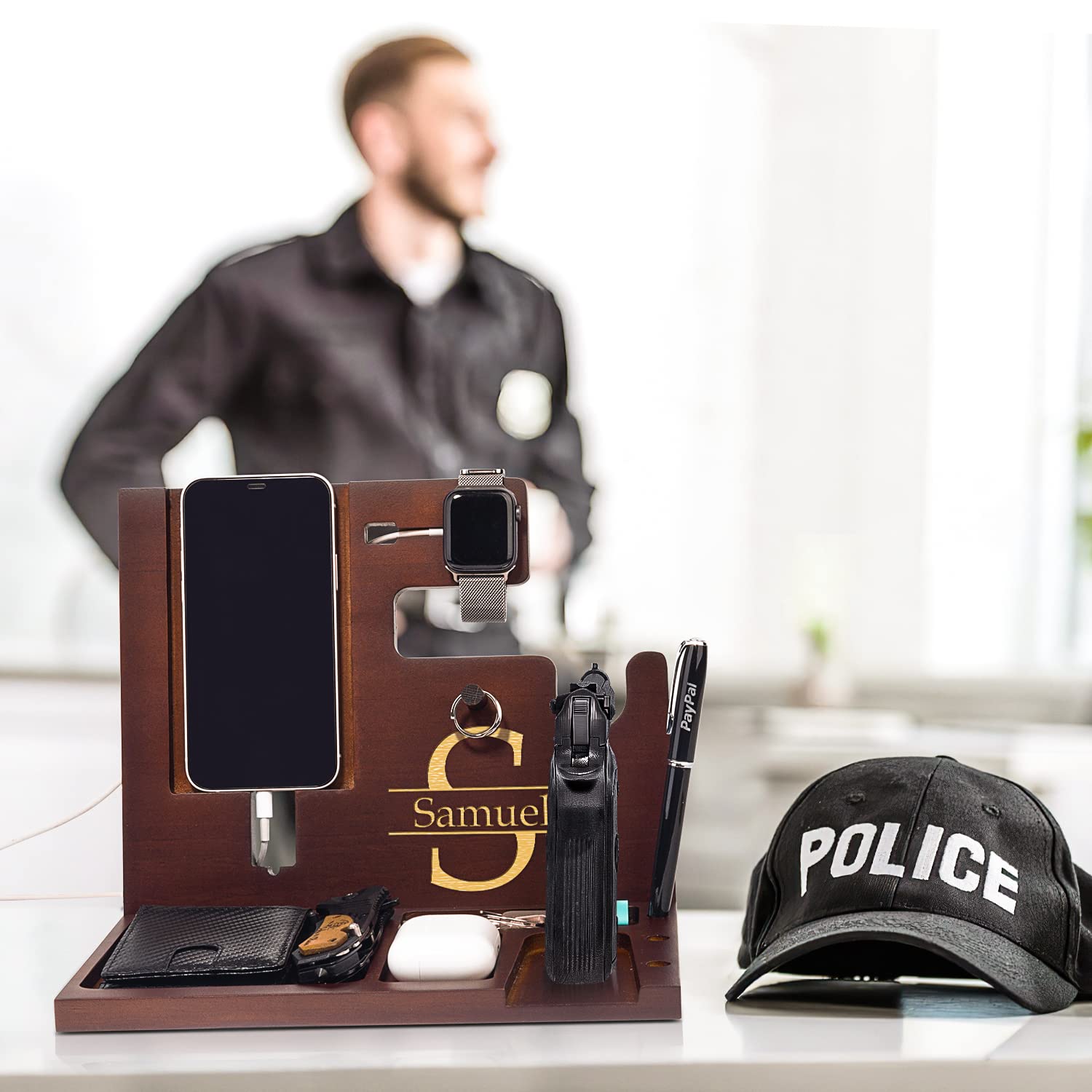 Police Officer Wood Docking Station, Nightstand Organizer for Men with Gun Holder, Pistol Rack, Phone Stand, iWatch Charging, Ring Holder, Pen Slot - Gifts for Police Officer, Husband, Boyfri - WoodArtSupply