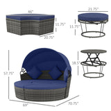 Outsunny 4 Piece Round Rattan Daybed, Convertible Patio Furniture Set, Adjustable Sun Canopy, Sectional Outdoor Sofa, 2 Chairs, Extending Tea Table Ottoman Chair, 3 Pillows, Dark Blue Outsunny