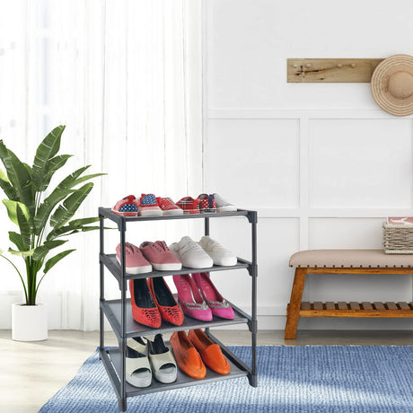 HITHIM 4 Tiers Small Shoe Rack,Narrow Stackable Shoe Shelf Organizer,Sturdy Shoe Stand, Non-Woven Fabric Metal Shoe Racks for Entryway, Doorway and Bedroom Closet HITHIM