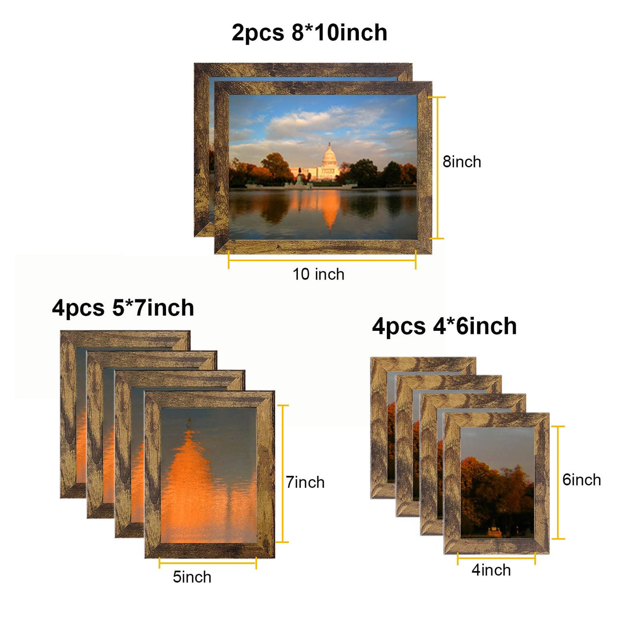Picture Frame Set 10 pack, Farmhouse Photo Frames, Gallery Wall Frame Collage, with Two 8x10, Four 5x7, Four 4x6 Photo Frame set, in 3 Different Finishes Picture Frames For Wall or Desk,Rustic Brown xnlkros