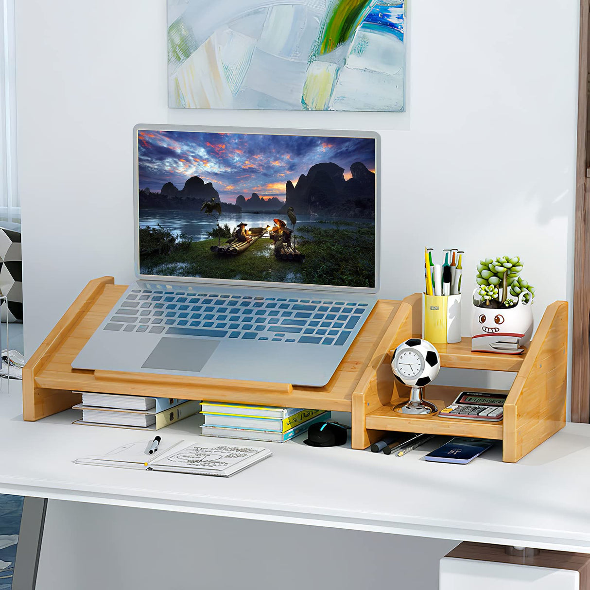 Ufine Bamboo Laptop Stand for Desk 3 Heights Adjustable Notebook Stand Computer Monitor Riser with 2 Tier Storage Shelf, Desktop Organizer Printer Stand for Home Office Ufine