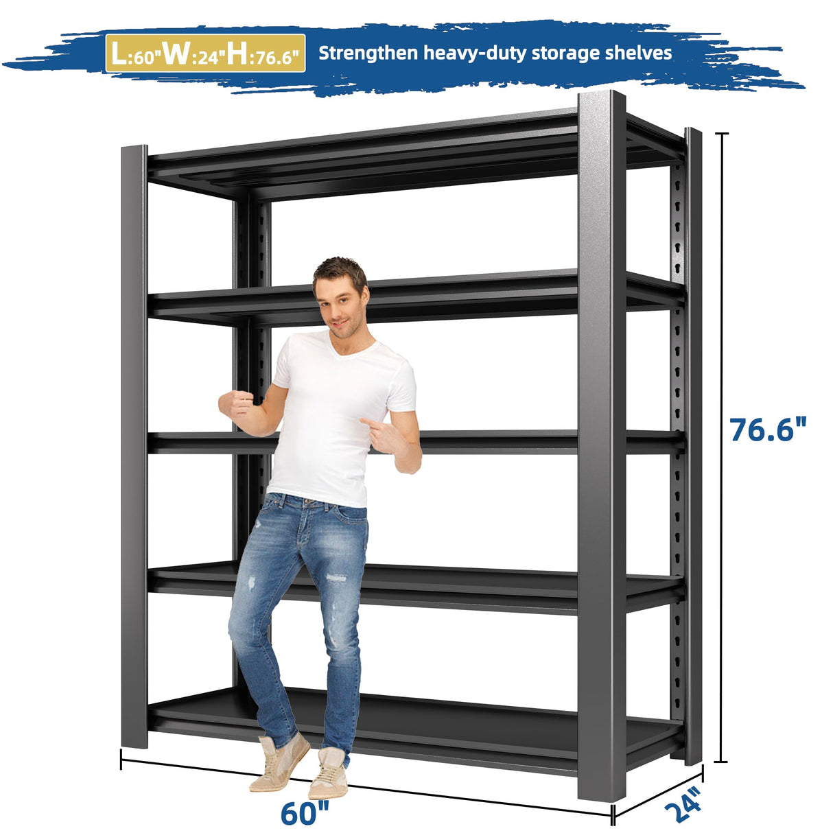 WOZBUD 76.6" H Heavy Duty Garage Shelving Unit, 60" W Adjustable Metal Storage Rack, 5-Tier Metal Shelves, 24" D Industrial Shelving for Garage, Basement, Workshop, Heavy Duty Storage Shelf.1Pack WOZBUD