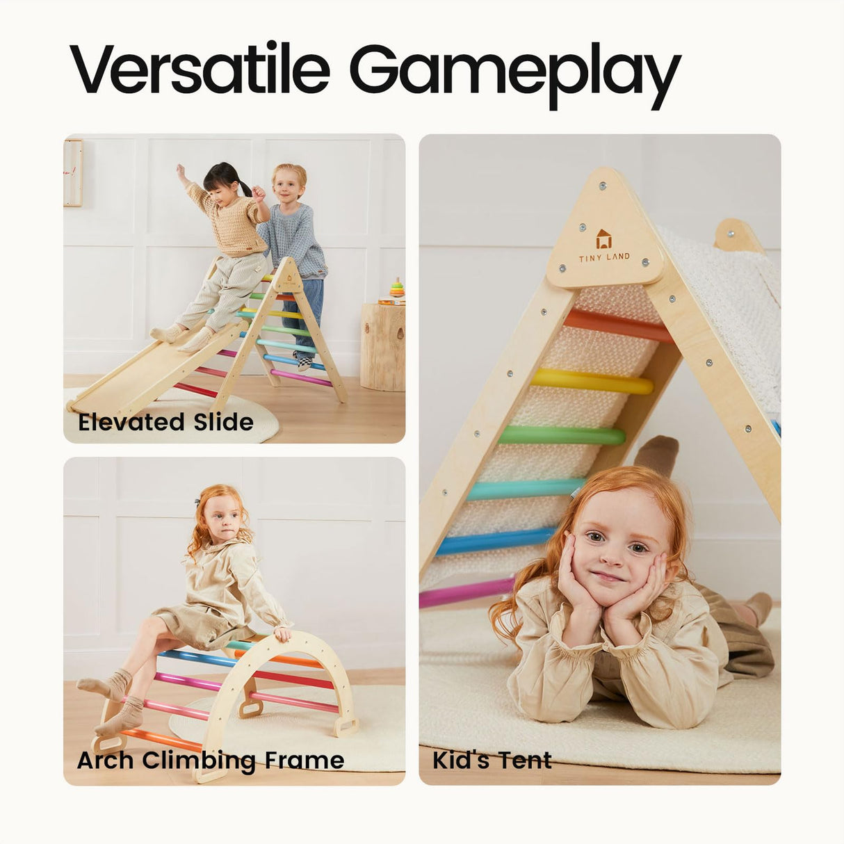 Tiny Land Pikler Triangle Set, 7-in-1 Foldable Pikler Triangle Climbing Toys Set for Kids,Rainbow Climbing Set,Baby Indoor Playground Jungle Gym, Wooden Montessori Climbing Set for Toddler Tiny Land