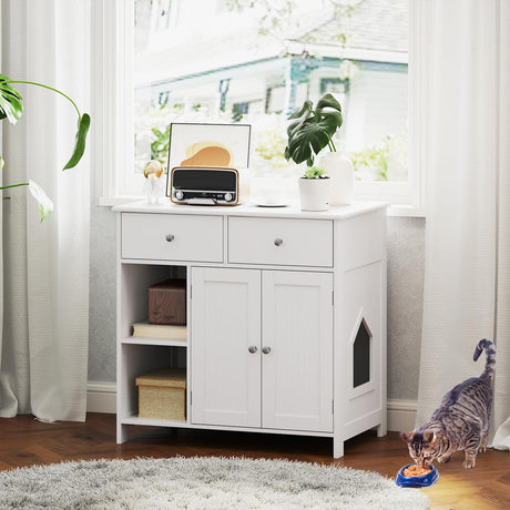 Tangkula Litter Box Enclosure, 31.5 Inch Enclosed Cat Box Cabinet with 2 Storage Drawers, Double Doors & 2 Open Shelves, Hidden Cat Washroom, Modern Cat Litter Box Furniture for Indoor Cats Tangkula