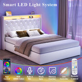 Loomie Queen Hydraulic Lift Bed Frame with LED Lights & Charging Station, White Leather Upholstered Wingback Design Loomie