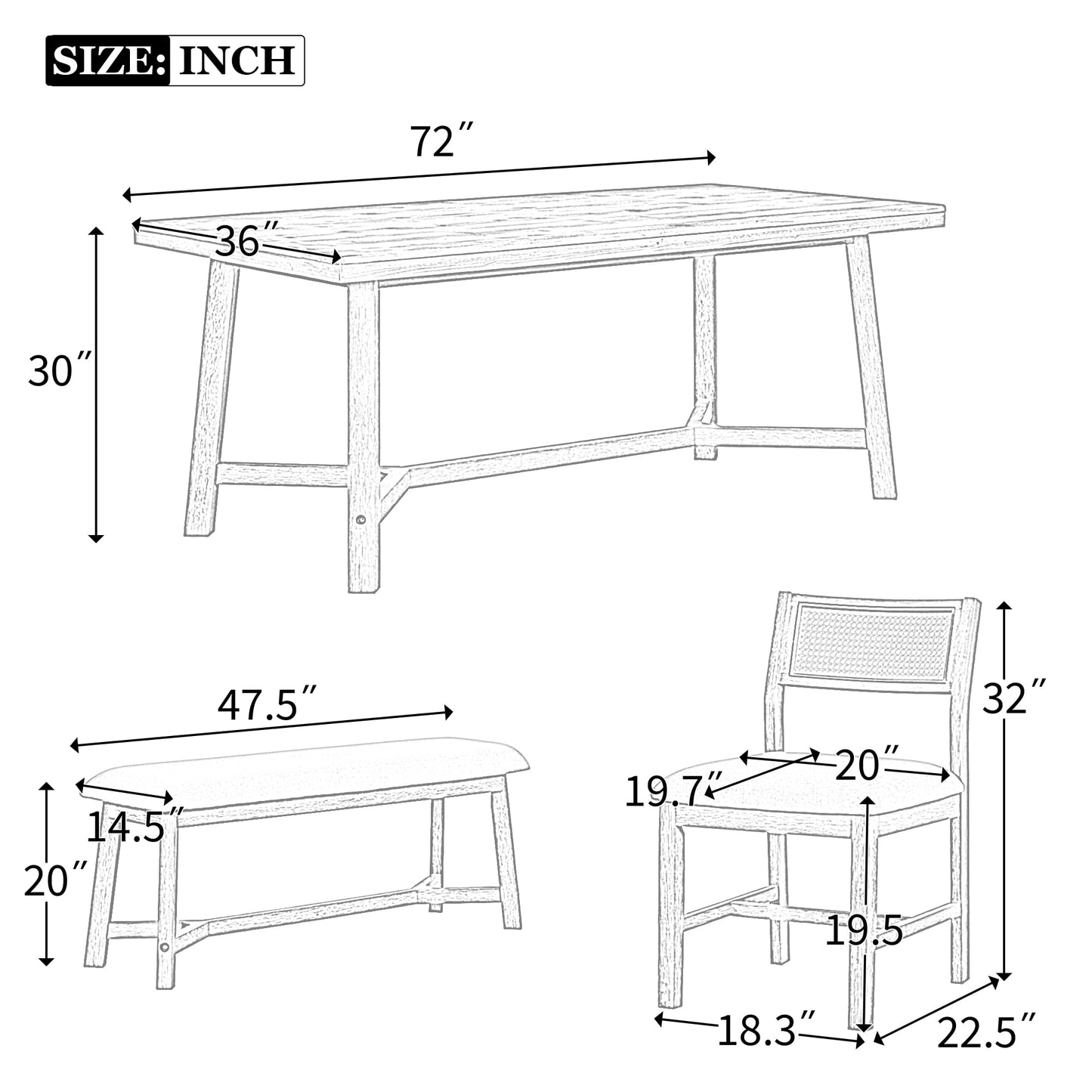 Wood Dining Table Set for 6 with 4 Chair & Bench, 6-Piece Rectangular Kitchen Table Set with 4 Upholstered Chairs & Bench Retro Dining Room Set for Dining Room (Natural Wood Wash)