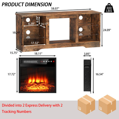 PRETZI Fireplace TV Stand -16 Colors LED Light Entertainment Center with 18" Electric Fireplace Heater & Remote Control,58" TV Media Console with Glass Shelves and Storage for Living Room,Brown