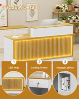 Modern Reception Desk, Solid Wood Reception Desk with Counter, Check Out Stand with Lockable Drawer & Cabinet, Retail Checkout Counter for Office, Store, Beauty Salon (L-Shaped-Long Grille-R, 63in) Gguileb