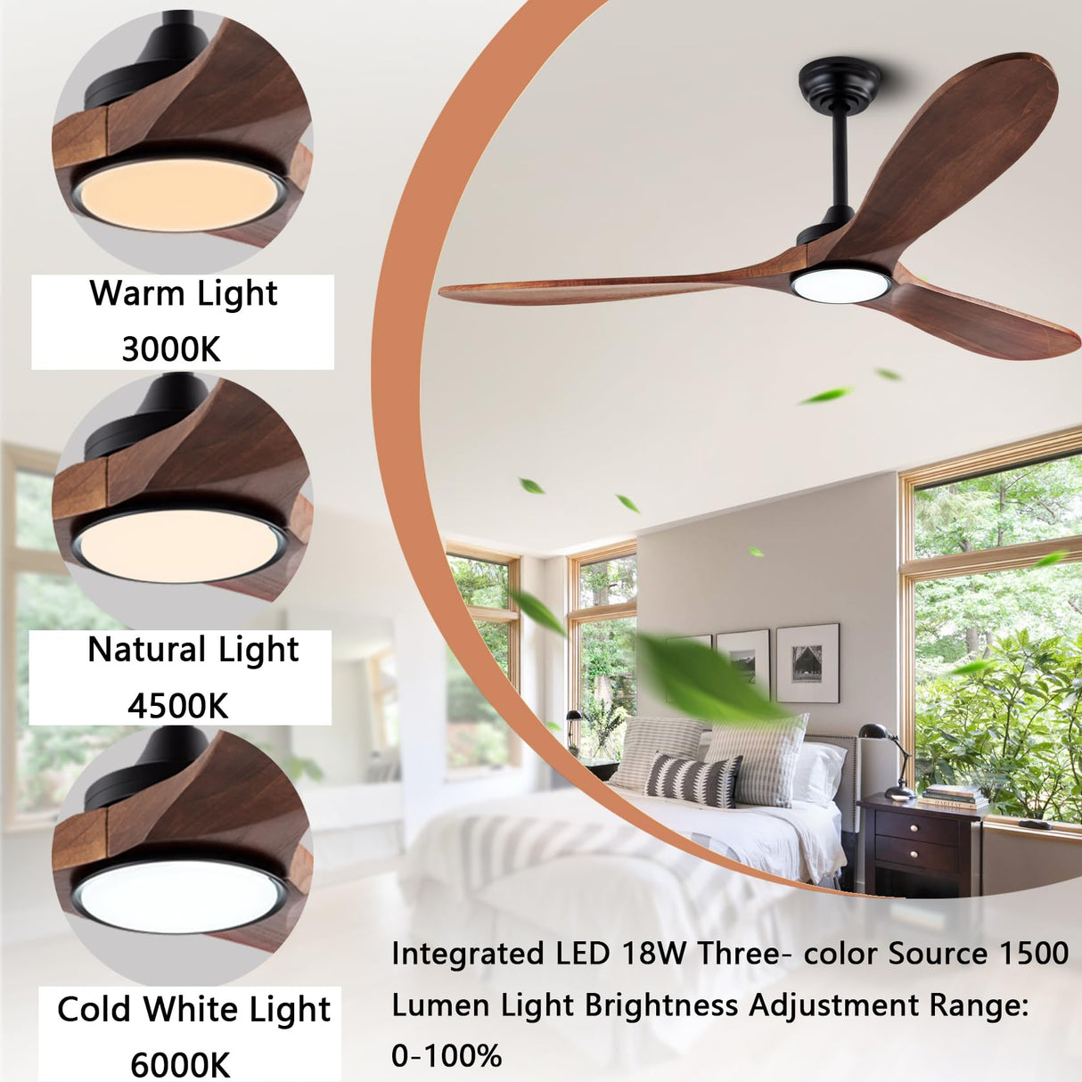 QUTWOB 60" Wood Ceiling Fans with Lights and Remote Control,Indoor Outdoor 3 Blades Wooden Ceiling Fan for Garage,Patio,Living Rooms,Bedrooms,Offices,Farmhouse(Black+Dark Walnut) QUTWOB