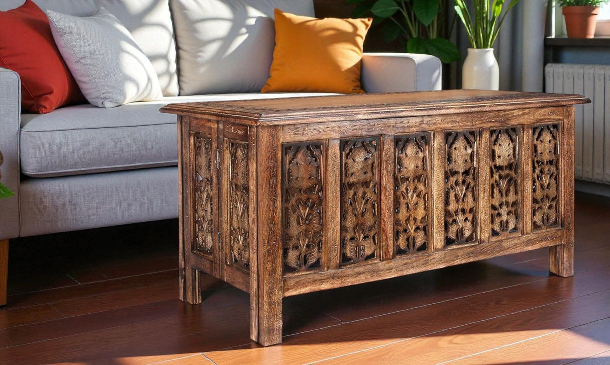 Coffee Table 36x18 Inch – Hand-Carved Solid Wood Center Table, Vintage Burnt Finish Modern Coffee Table for Living Room, Entryway Table for Magazines, Books & Plants The Wooden Town