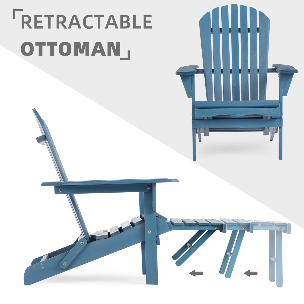 Wooden Outdoor Folding Adirondack Chair with Ottoman, Pre-Assembled BackRest & SeatBoard, Wood Patio Chair for Garden Backyard Porch Pool Deck Firepit SoliWood