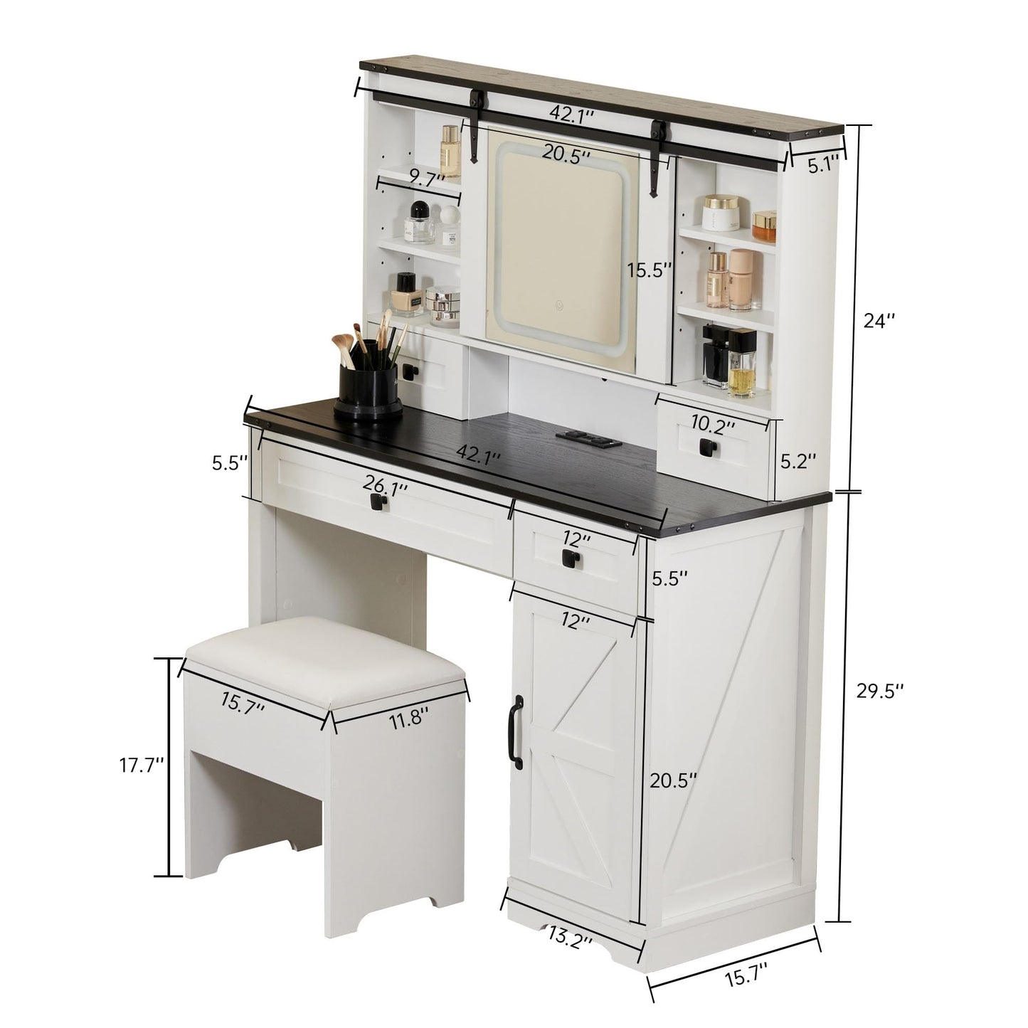 Farmhouse Makeup Vanity Desk with Electrical Outlet, Sliding Mirror and LED Lights, Adjustable Light Color Brightness, 42-Inch Tabletop Dresser, Multiple Storage Space, Dresser Set with a Stool, White