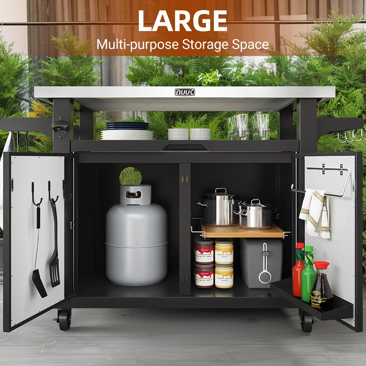 NUUK Outdoor Grill Cart with Storage Cabinet Metal Kitchen Island Prep Table with Movable Universal Wheels and Stainless Steel Top for Outside BBQ Backyard Include Hooks Spice Rack NUUK