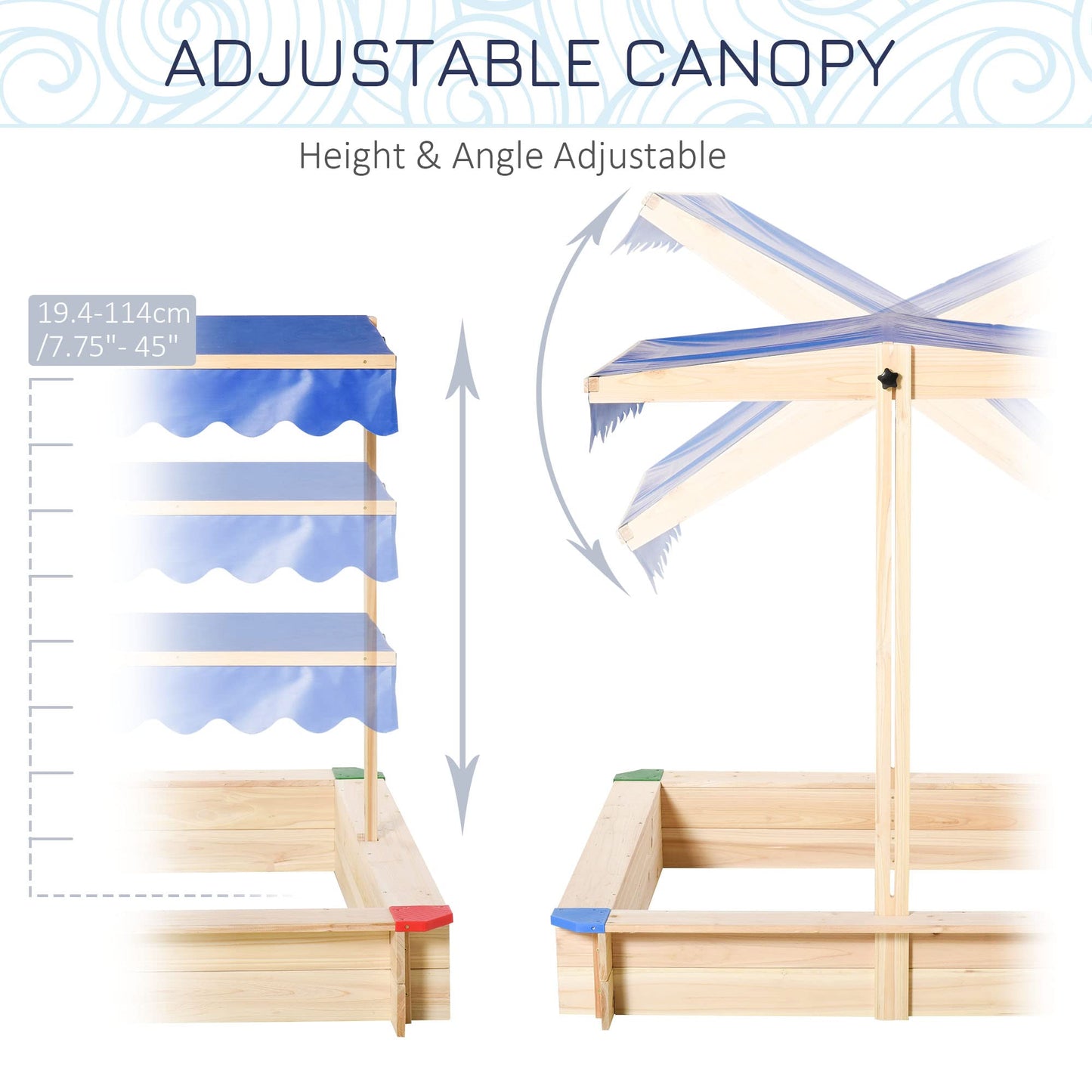 Outsunny Wooden Sandbox w/Adjustable Canopy, Children Outdoor Playset Weather Resistant 47" L x 47" W x 47" H, Natural & Blue - WoodArtSupply