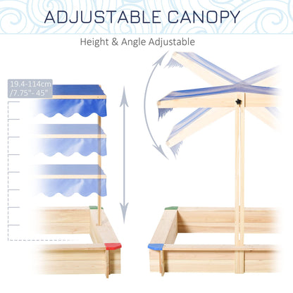 Outsunny Wooden Sandbox w/Adjustable Canopy, Children Outdoor Playset Weather Resistant 47" L x 47" W x 47" H, Natural & Blue - WoodArtSupply