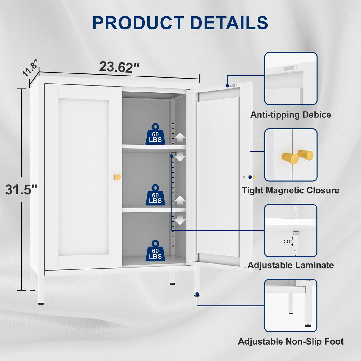 YAUWOH Metal Bathroom Storage Cabinet, Metal Storage Cabinet with 2 Adjustable Shelves & 2 Doors,Freestanding Sideboard Cabinet for Small Spaces, Living Room, Home Office, Dining Room,White YAUWOH