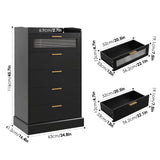 HOSTACK Modern 5 Drawer Dresser, Tall White Dresser Chest of Drawers with Gold Handles, Wood Dresser Storage Cabinet with Anti-Drop Fence & Fluted Glass for Living Room, Hallway, Entryway, Black HOSTACK