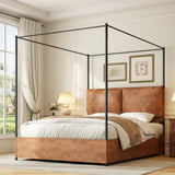 Modern Canopy Bed Frame with Upholstered Faux Leather Headboard – Tall Four Poster Metal Platform Bed, No Box Spring Needed, Queen Size, Brown and Black SAMTRA