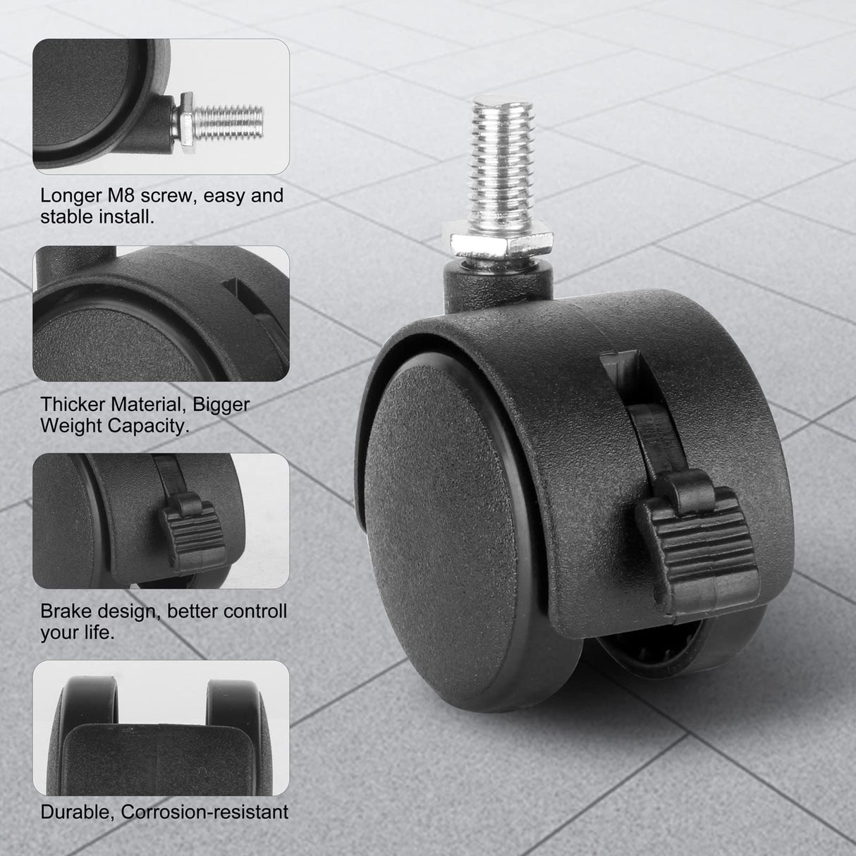 Dalyndar 4 Pack 1.5 Inch Swivel Stem Caster Wheels Replacement Casters 1.5'' Furniture Wheel with Locking Brake Metric Threaded Stem M8 Wheels for Table Drawer Plant Shelf Metal Rack Laundry Basket Dalyndar
