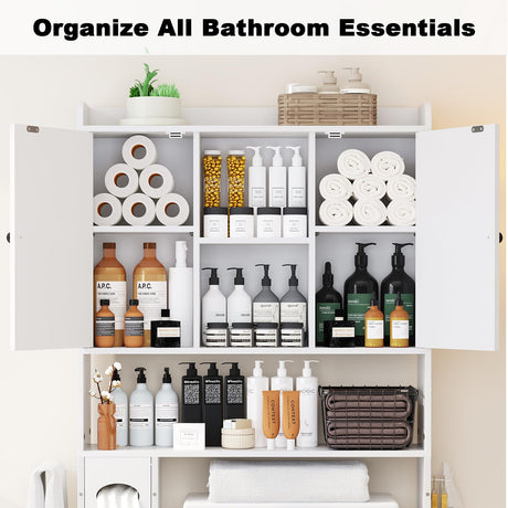 EasyCom Over The Toilet Storage Cabinet with Metal Frame and 7 Storage Shelves, Bathroom Organizer with Adjustable Shelves, Paper Holder and Racks, Farmhouse Storage Cabinet for Laundry, White EasyCom
