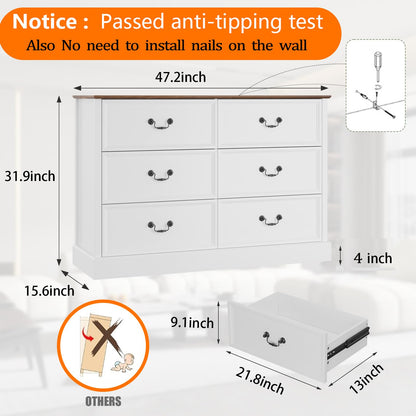 GarveeHome Farmhouse 6 Drawers Dresser for Bedroom, Wood Dresser Chest of Drawers Organizer Storage, Rustic Tall Dresser Chest of Drawer,Accent Wood Storage Cabinet for Living Room, Hallway,  - WoodArtSupply