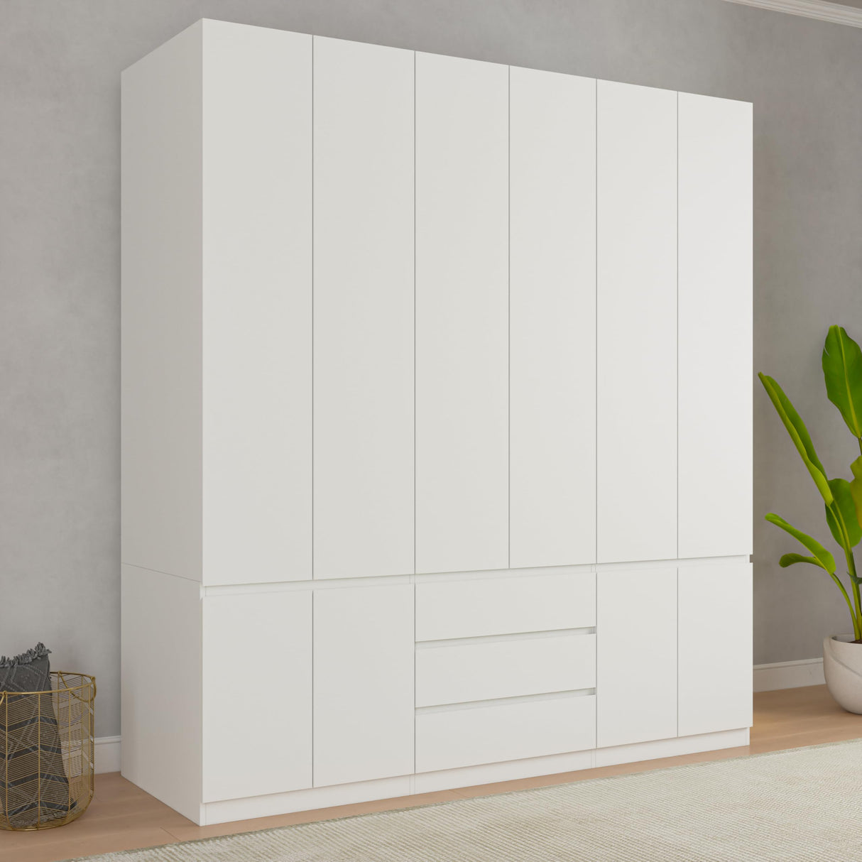 Bobve 6-Doors Armoire Wardrobe Closet, Wooden Wardrobe Closet with 3 Drawers, Armoire and Wardrobe with Shelves & Hanging Rod for Bedroom, White (70.9" W x 23.62" D x 78.74" H) Bobve