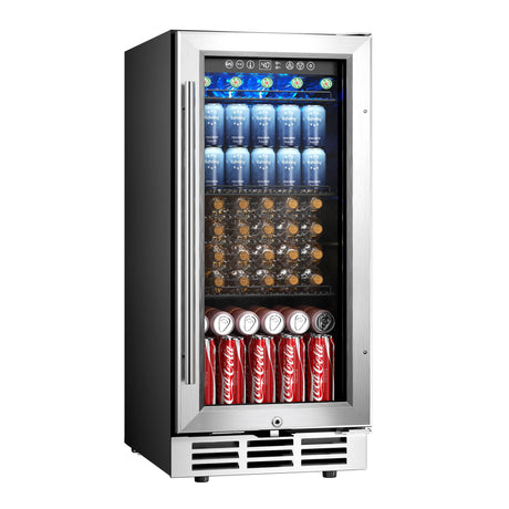 EUHOMY 15 Inch Beverage Refrigerator Cooler Under Counter 127 Cans Beverage Fridge Built-in or Freestanding with Glass Door, LED Light, Beer Fridge for Soda, Water, Wine - Home Kitchen Bar. EUHOMY
