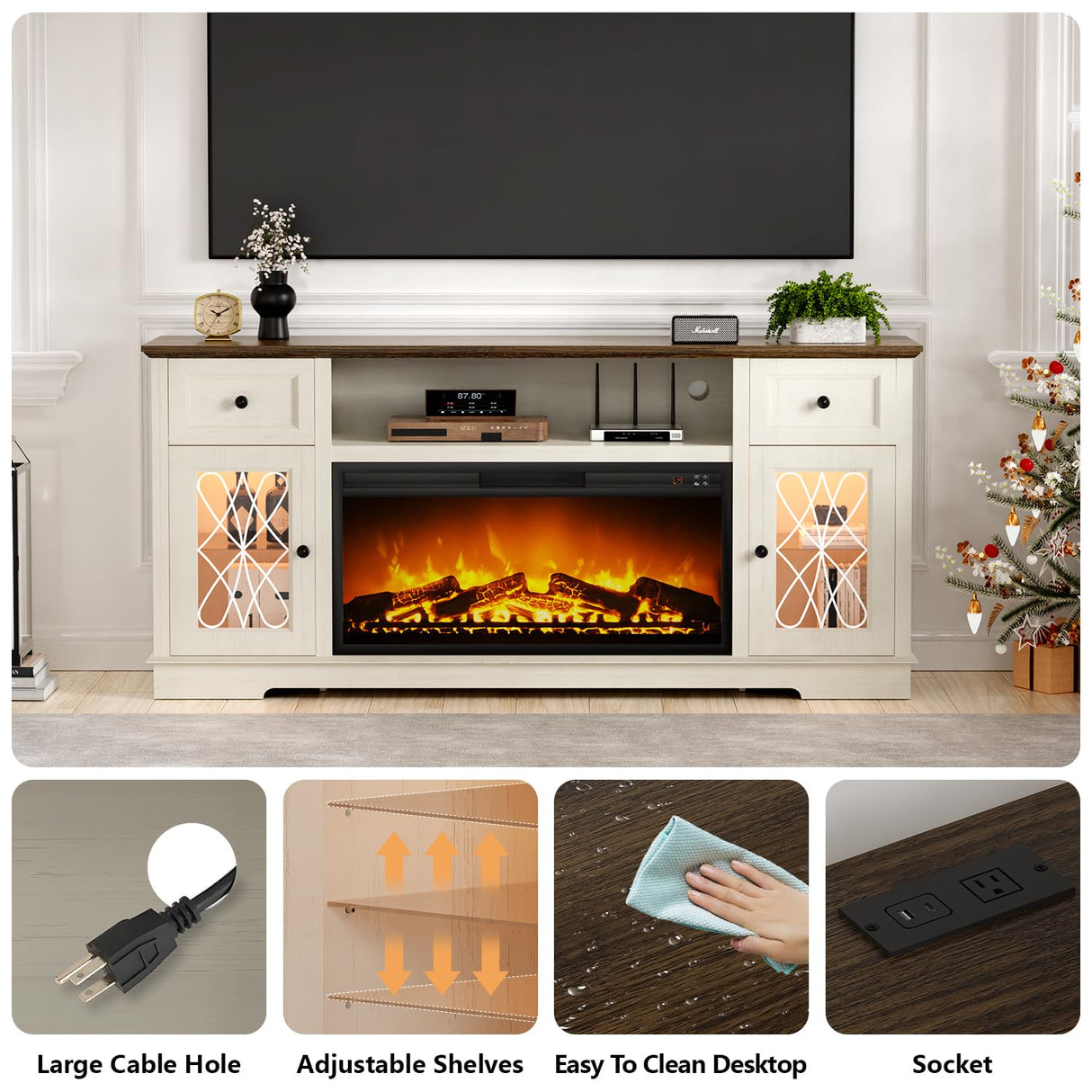 Fireplace TV Stand with Charger Station, Farmhouse Entertainment Center with 36" Electric Fireplace and Led Lights, for 80 Inch TV, Fire Place TV Stands for Living Room with Glass Door Closed Storage Sunny Heart