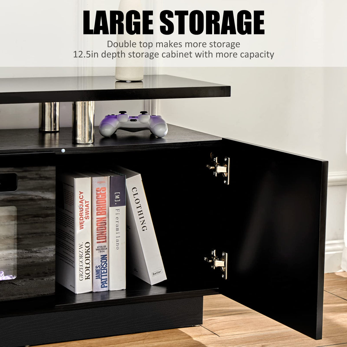 AMERLIFE Fireplace TV Stand with 36" Fireplace, 70" Modern High Gloss Fireplace Entertainment Center LED Lights, 2 Tier TV Console Cabinet for TVs Up to 80", Obsidian Black AMERLIFE