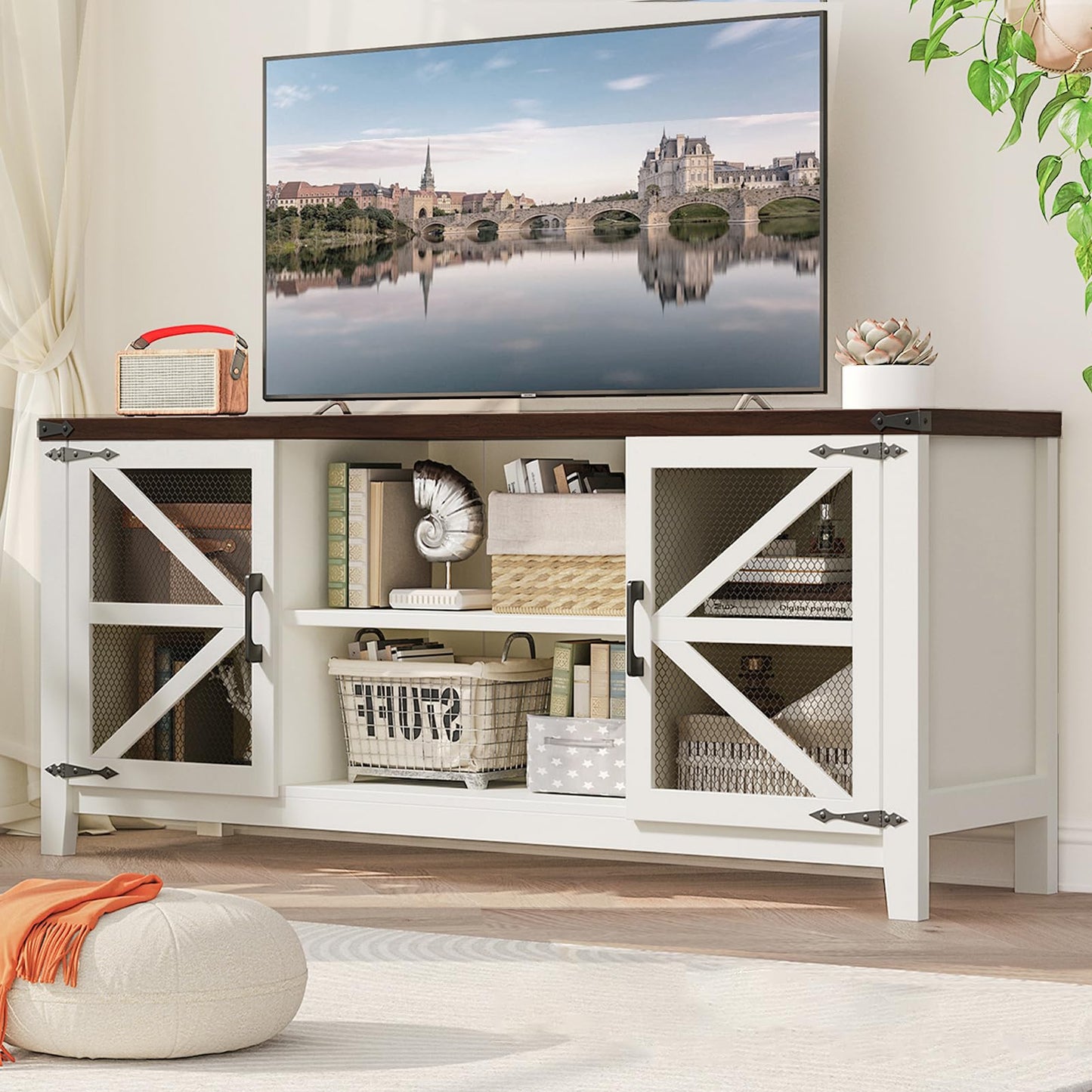 TV Stand for 65 Inch TV, Farmhouse Entertainment Center with Storage and Shelves, Industrial TV Stand with Mesh Door, White TV Media Console Cabinet Furniture for Living Room, Bedroom (White, 58 Inch)