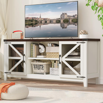 TV Stand for 65 Inch TV, Farmhouse Entertainment Center with Storage and Shelves, Industrial TV Stand with Mesh Door, White TV Media Console Cabinet Furniture for Living Room, Bedroom (White, 58 Inch)