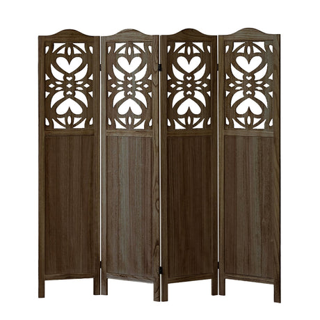 Leesinwing Room Divider, 4 Panel Wood Room Divider Wall, Carved Vault Room Dividers, Rustic Minimalism Room Partition, 5.6Ft Room Dividers and Folding Privacy Screens, Dark Brown Leesinwing