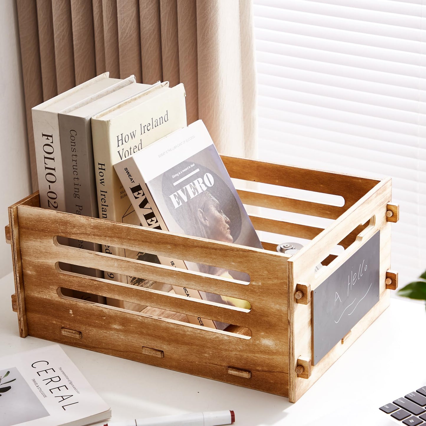 SUQANACY Decorative Wooden Crate Box Rustic Wood Basket for Display Storage Container Decorative Crate Wooden Boxes With Blackboard Potato Storage Box Vegetable Display Bins Wood Cube Storage