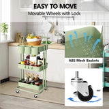 3 Tier Rolling Cart with Metal Handle, Table Top, Hanging Cups, Hooks, Plastic Storage Baskets& Wheels Lockable, Utility Cart for Bathroom Classroom Office Kitchen Pantry Organizers and Storage, Green NRSUEN