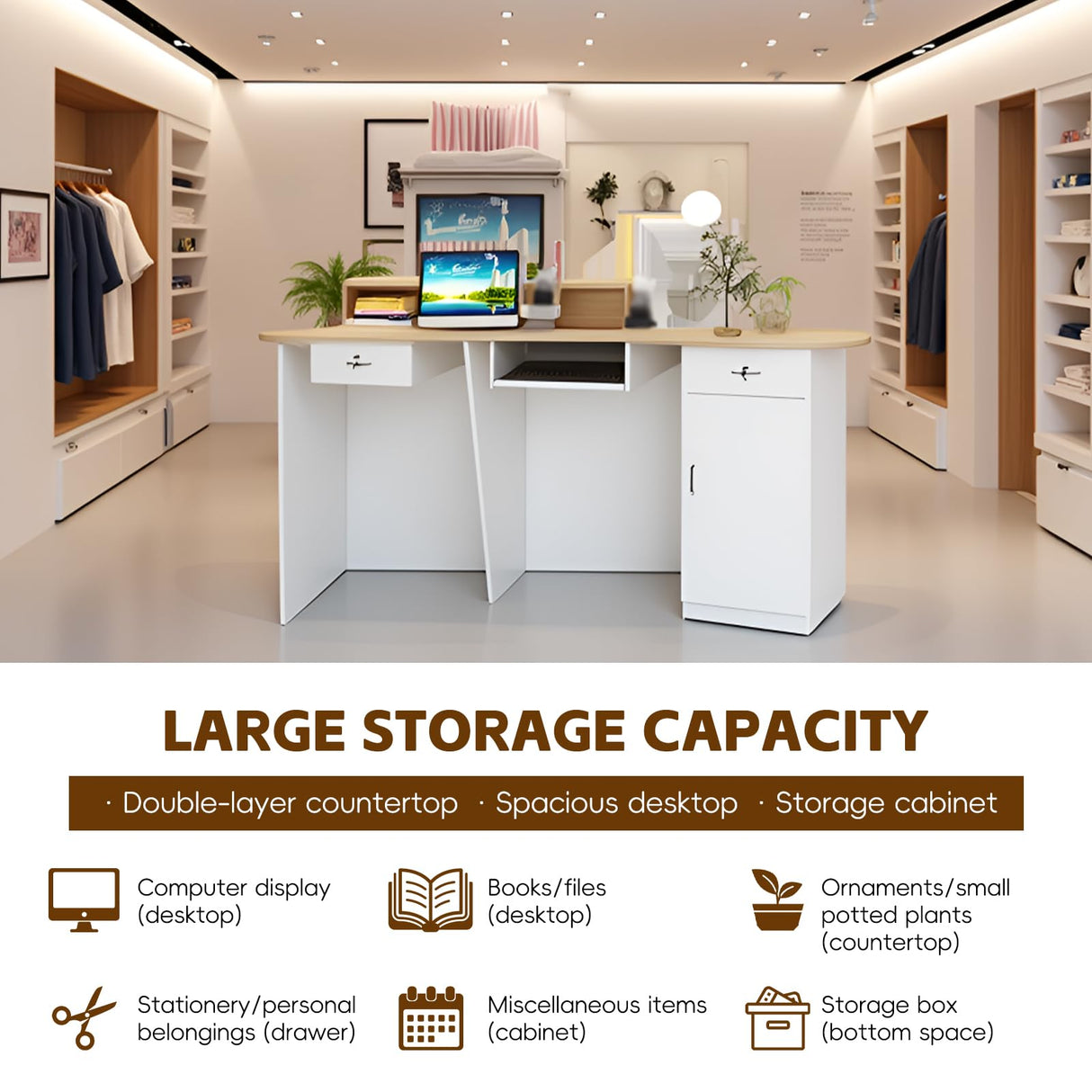 Reception Desk, Modern Front Desk with Lockable Drawer & Cabinet, Retail Counter Checkout Table, Computer Workstation for Lobby, Salon, Office OQTUHWM