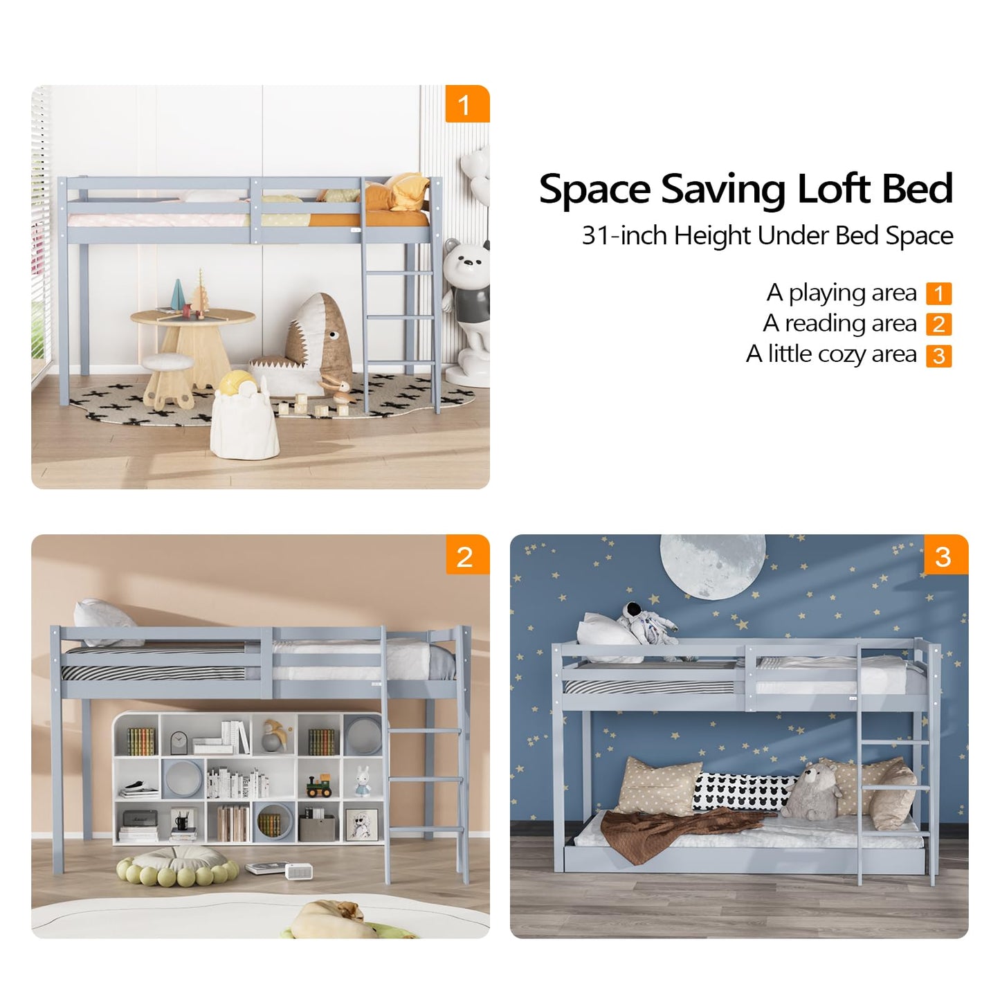 Bonnlo Twin Low Loft Bed with Inclined Stairs and High Guard Rail – Solid Wood Space-Saving Bunk Bed in Grey - WoodArtSupply