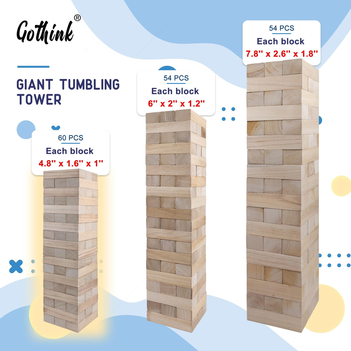 GOTHINK Giant Tumble Tower Game, Large Tumbling Tower Stack to Over 3.2 FT 60pcs Wooden Jumbo Blocks for Outside Yard Games with Carry Case Timber Stacking Game Night Toy Gift for Kids Adults Family GOTHINK