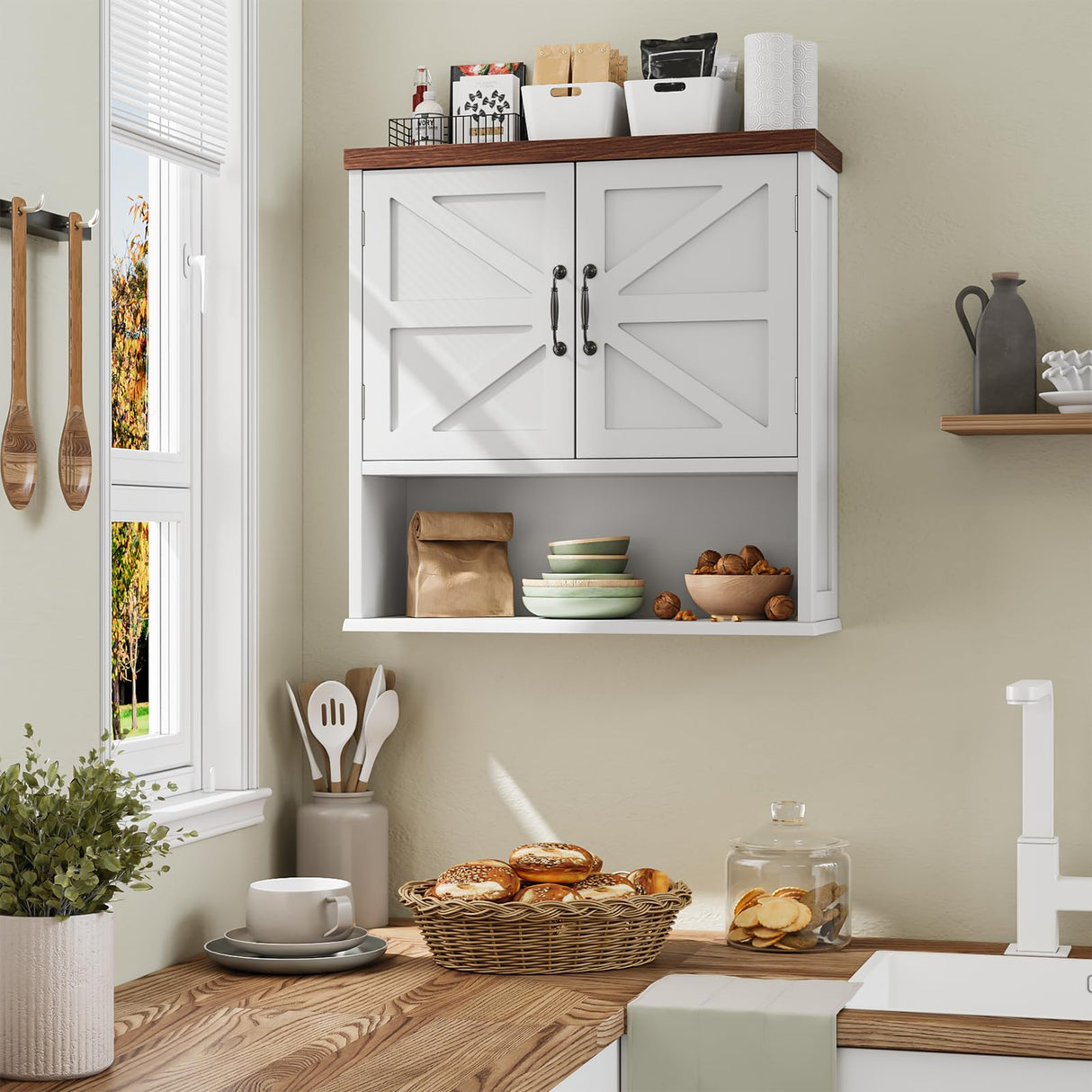 Smuxee Farmhouse Bathroom Cabinet Wall Mounted, Bathroom Medicine Cabinet with Adjustable Shelf, Bathroom Cabinet for Bathroom, Living Room, Laundry Room Smuxee