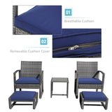 Patiorama 5 Piece Outdoor Patio Wicker Furniture Set, All Weather Grey PE Rattan Chair and Ottoman Footstool Set, W/Coffee Table, Cushions (Navy Blue) for Garden, Balcony, Porch, Space Saving Design Patiorama